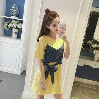 Mock Two Piece Denim Panel Elbow Sleeve T-shirt Dress