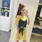 Mock Two Piece Denim Panel Elbow Sleeve T-shirt Dress