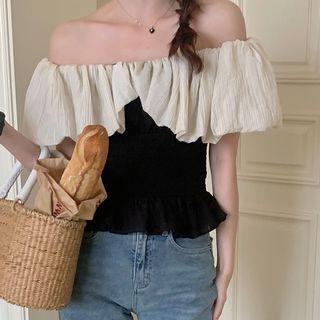 Off-shoulder Frill Trim Top Black - One Size