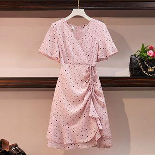 Short-sleeve Polka Dot Frill Trim Drawstring A-line Dress