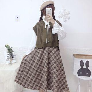 Plain Tie-neck Blouse / Knit Vest / Plaid A-line Skirt