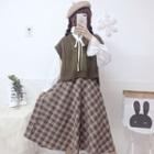 Plain Tie-neck Blouse / Knit Vest / Plaid A-line Skirt