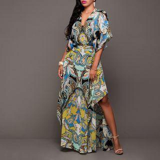 Elbow-sleeve V-neck Printed A-line Maxi Dress