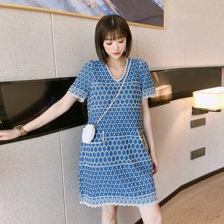 Short-sleeve Lace Denim A-line Dress