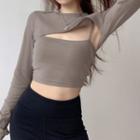 Plain Long-sleeve Cut-out Cropped Top