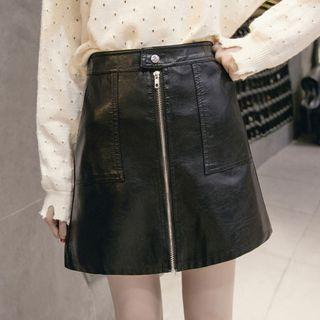 Faux Leather Zipped A-line Skirt