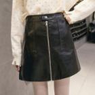 Faux Leather Zipped A-line Skirt