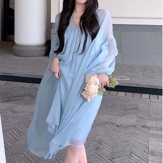 Puff-sleeve Shift Dress / Slipdress
