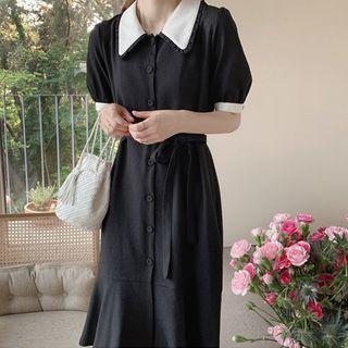 Puff-sleeve Contrast-trim Shirtdress With Sash Black - One Size