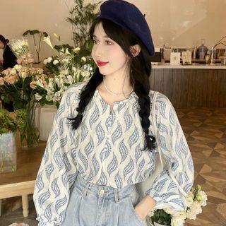 Lantern-sleeve Round Neck Leaf Print Blouse