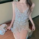 Spaghetti Strap Floral Print Lace-up Mini Bodycon Dress