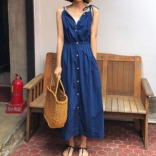 Tie-shoulder Midi A-line Denim Dress As Shown In Figure - One Size