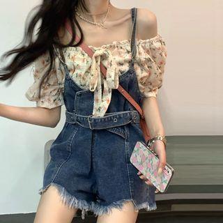 Short-sleeve Floral Top / Denim Jumper Shorts