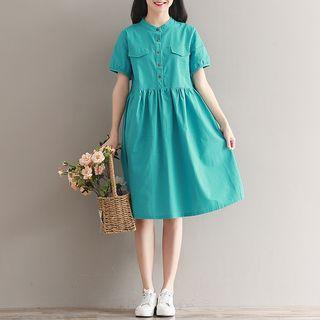 Plain Short Sleeve Band Collar Dress