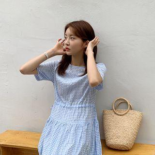 Drawstring-waist Check Dress