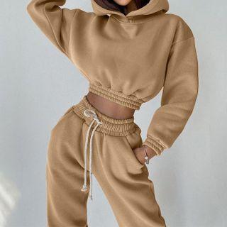Set: Cropped Hoodie + High-waist Straight-leg Sweatpants