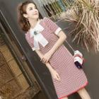 Short-sleeve Knit A-line Dress Red - One Size