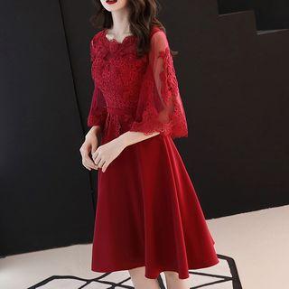 3/4-sleeve Lace Paneled A-line Party Dress