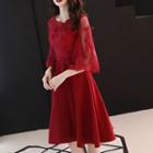 3/4-sleeve Lace Paneled A-line Party Dress