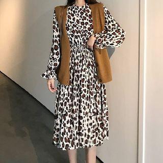 Long-sleeve Leopard Print Midi A-line Dress As Shown In Figure - One Size