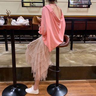 V-neck Blouse / Sheer Midi Skirt
