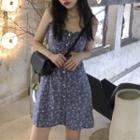 Wide Strap Floral Print A-line Dress Purple - One Size