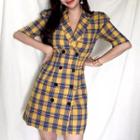 Plaid Double-breasted Elbow-sleeve Mini A-line Dress