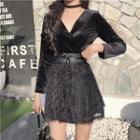 Faux-leather V-neck Mock Two Piece Dress With Belt