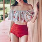 Set: Floral Print Swim Top + Ruched Bikini Bottoms