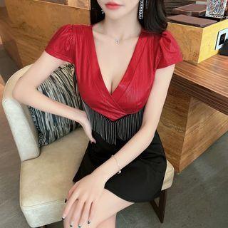 Short-sleeve V-neck Fringed Mini A-line Dress