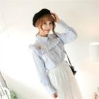 Collared Embroidered Frill-trim Stripe Top