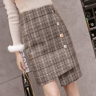 Plaid Buttoned A-line Wrap Skirt