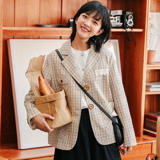 Plaid Single-breasted Blazer / A-line Midi Skirt / Plain Blouse
