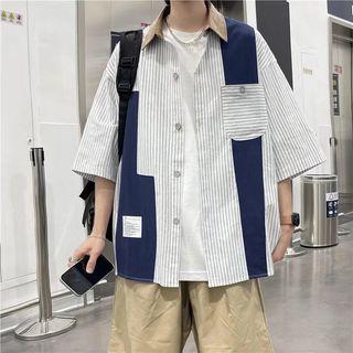 Striped Panel Shirt / Plain Straight Leg Pants