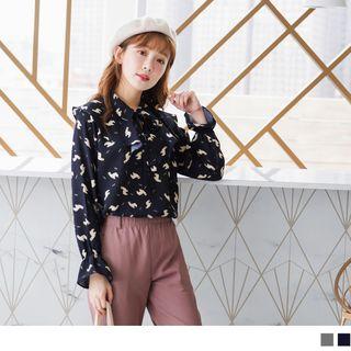 Bell Sleeve Ruffled Print Top