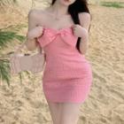 Strapless Bow Mini Bodycon Dress Pink - One Size