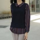 Inset Knit Vest Tab-sleeve Striped Blouse