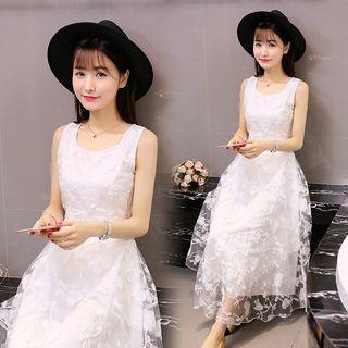 Sleeveless Flower Embroidered Midi A-line Dress