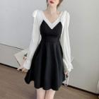 V-neck Two-tone Panel Mini A-line Dress / Camisole Top