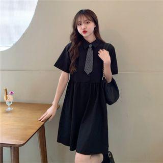 Short-sleeve Neck Tie Collared A-line Dress