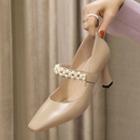 Square Toe Faux Pearl Flared Heel Mary Jane Pumps