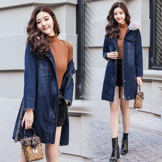 Furry Hood Ripped Denim Coat