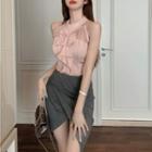 Sleeveless Ruffle Trim Top / Slit Midi Pencil Skirt