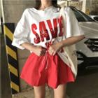 Short-sleeve Sequined Lettering T-shirt / Drawstring Waist Shorts