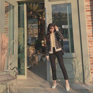 Scalloped Checked Knit Cardigan Black - One Size