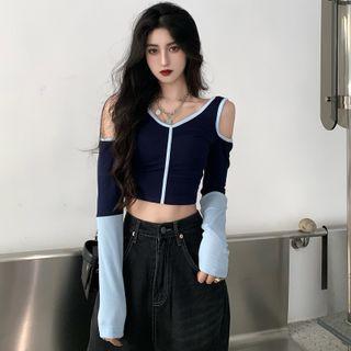 Cold-shoulder Cropped T-shirt Navy Blue - One Size
