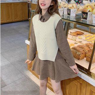 Crew-neck Knit Vest / Plaid Collared Long-sleeve A-line Dress