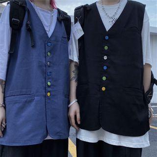 Rainbow Button V-neck Oversized Vest