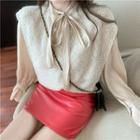 Tie Neck Blouse / Knit Vest / Faux-leather Mini Skirt