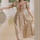 Puff-sleeve Floral Print Ruffled Midi A-line Dress